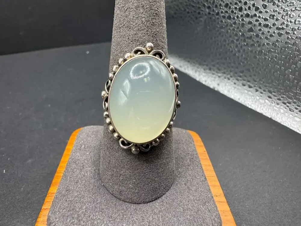 Vtg 925 Sterling Silver Chalcedony Statement Ring Pale Green Milky Quartz Sz 10